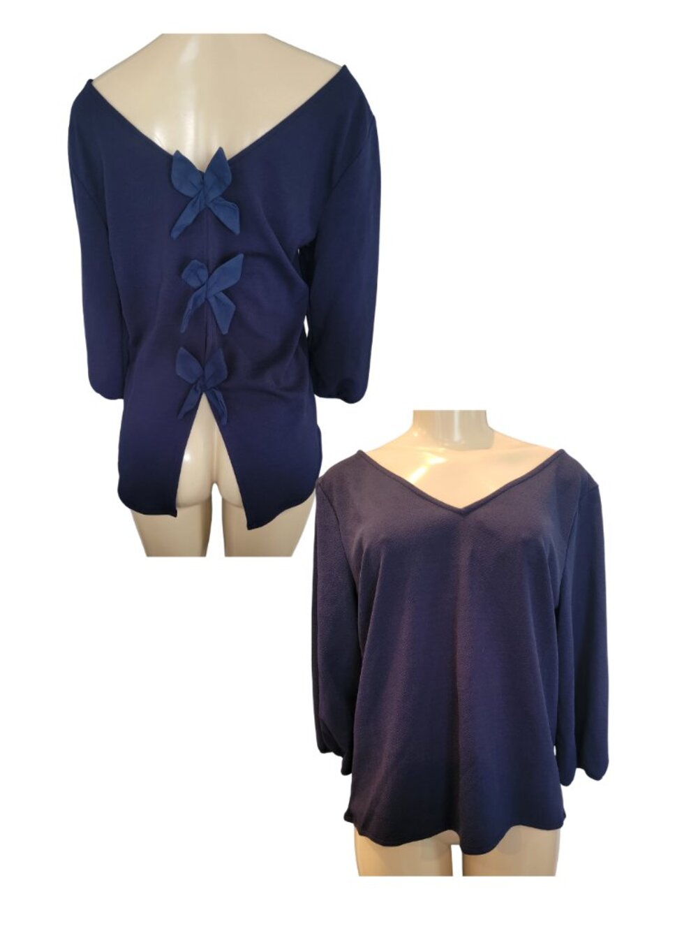 NY&C 7th Avenue Split Back Layered Navy Blue V Neck Puff Sleeve Blouse
